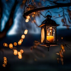 A side view of a glass candle lantern hanging from a tree branch, with the candle's flame gently...