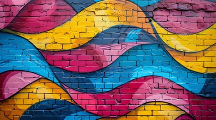 The pink, blue and yellow colors of graffiti are written on a brick wall.