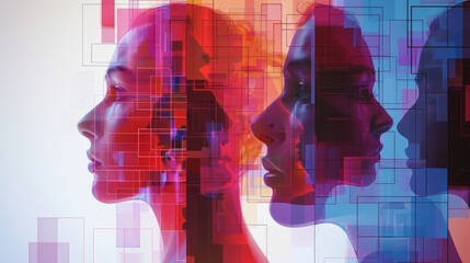 three colorful human face profiles made of small squares in red, blue and purple colors on white background. - Powered by Adobe