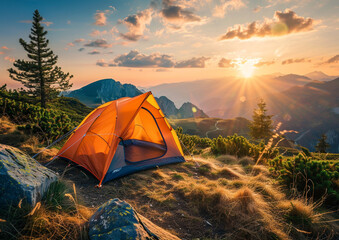 tent at mountain at sunset , camping , nature lover concept