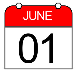 June 1, A simple calendar. Beginning of month. Red and white square daily calendar.