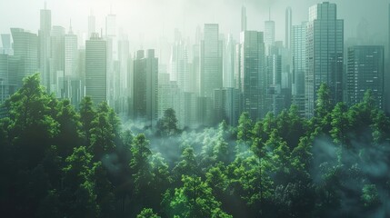 green forest slowly transitioning into an urban cityscape, symbolizing change from nature to...