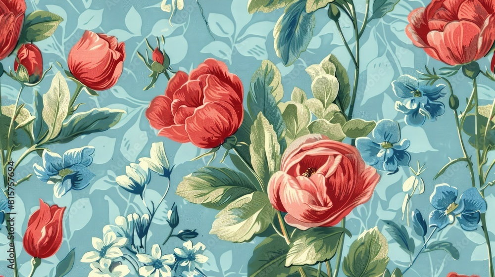 Poster an elegant vintage pattern featuring roses tulips and forget me nots in a shabby chic style this cla