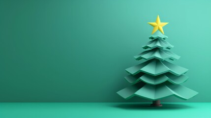 Cheerful paper Christmas tree displayed on bright green background
