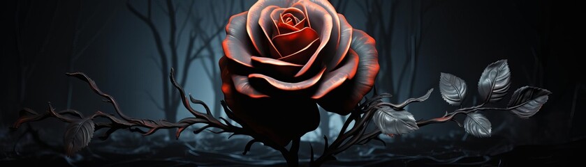 Single black rose, dramatic and mysterious, dark background, spotlight effect