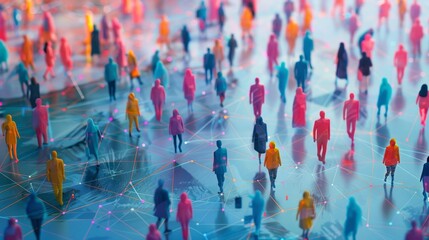 People of various colors walking on a blue surface with a glowing grid.