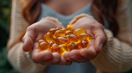 A woman holds yellow capsules in her hand against a natural background.