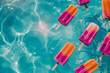 bright fuchsia pink and orange popsicles pattern in a turquoise shallow pool