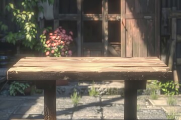 Wooden Table in Front of a House. Generative AI