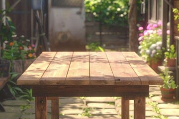 Naklejka premium Wooden Table on Garden Patio. Generative AI