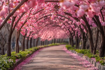 Sakura Tree Tunnel: Arching branches forming a tunnel of cherry blossoms. 