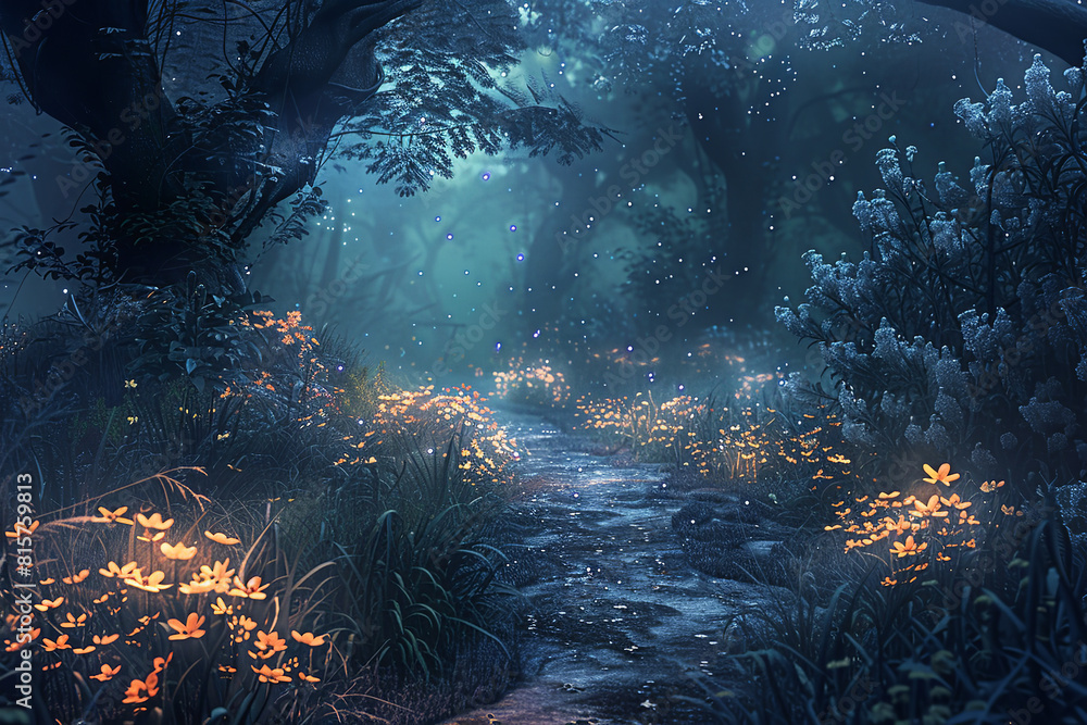 Canvas Prints dark enchanted forest path with luminous flowers and mist