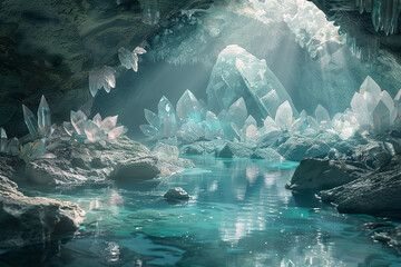 Serene Underground Grotto with Glowing Crystals and Magical Flora  