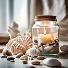 Fototapeta na wymiar A side view of a glass candle jar surrounded by decorative pebbles and seashells, evoking a coastal and relaxing vibe in a bathroom