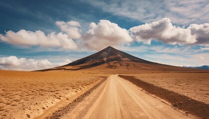 a dirt road in the middle of a desert with a mountain in the distance and a blue sky with puffy...
