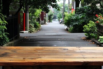 Obraz premium Wooden Table on City Street. Generative AI