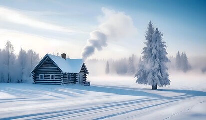 Nature background a picturesque winter landscape featuring a snow-covered field, frost-covered trees, and a cozy cabin with smoke rising from its chimney