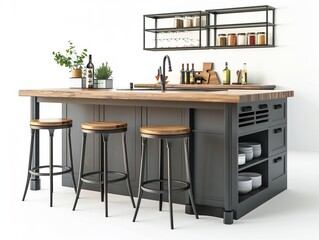 A sleek modern kitchen island setup with bar stools, open shelving, and organized accessories evokes a stylish culinary space
