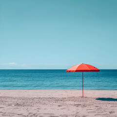 Minimal summer holidays vacation concept. Beach umbrella in front of blue sky and sea. Chilling, lounging on the beach. 