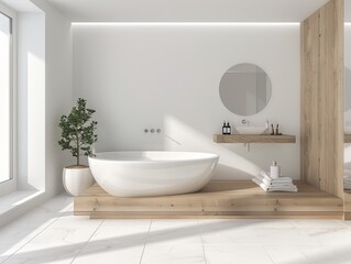 A modern, minimalist bathroom design featuring a luxurious freestanding bathtub and wooden accents