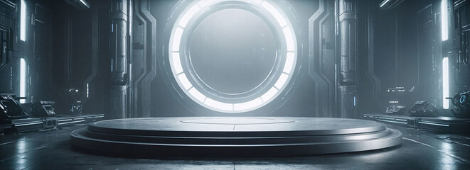 Podium background 3D light tech stage future platform game abstract. Podium 3D background technology room product circle glow effect portal stand studio scene white design ring modern display space.