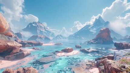 beautiful landscape with mountains, a lake, and a blue sky