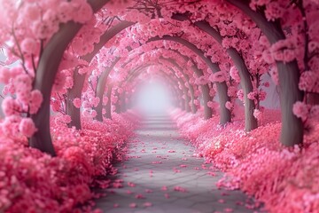 Sakura Tree Tunnel: Arching branches forming a tunnel of cherry blossoms. 