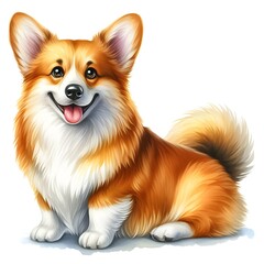 Isolated watercolor illustration of cute Welsh Corgi dog on wite background. 