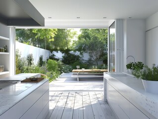 Spacious, sunlit modern kitchen with open design, overlooking a lush green garden through glass walls