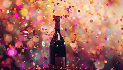A bottle of wine surrounded by colorful confetti, creating an atmosphere filled with joy and celebration