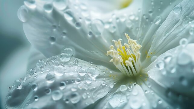 Macro shot of rain dappled white flower petals