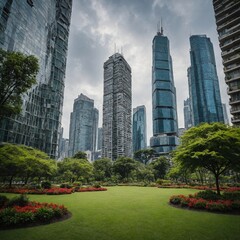 A vibrant urban park with towering skyscrapers in the background.

