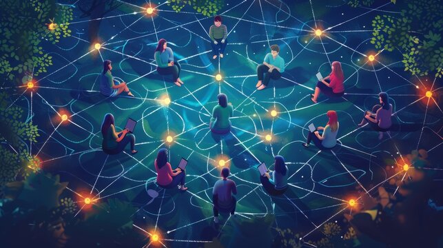 group of diverse people of all ages sitting in a circle, holding hands, and looking at each other with smiles on their faces