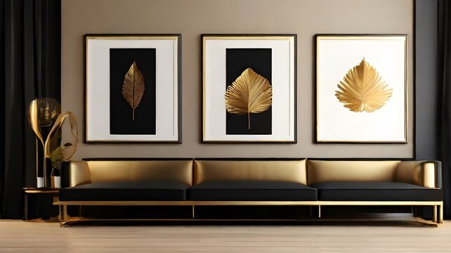 Luxury wall art mockup with sofa, blank vertical empty frame for wall art mockup living room, luxury vlack and golden color wall theme of the room, interior design background1