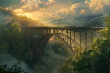 Fototapeta premium A huge steel bridge with an arched structure towering over the valley in lush green forest
