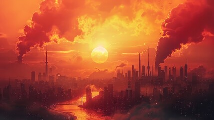 post-apocalyptic cityscape with a large factory in the background