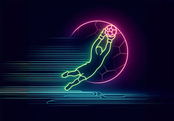 Neon Symbol eines Fußballspielers, der sich hoch zum Ball reckt. copy space