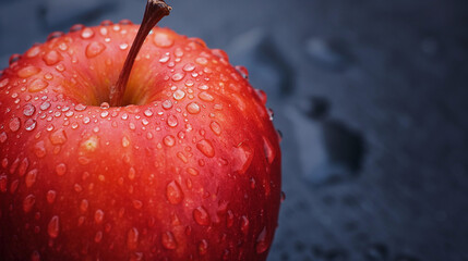 A red apple with water droplets on its skin.

