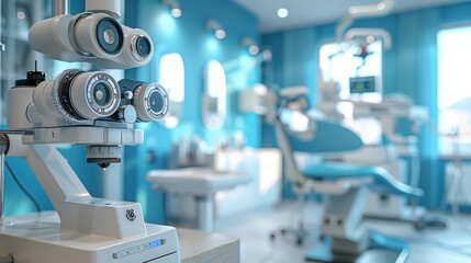 ophthalmologist's office. There is a slit lamp, a phoropter, and an autorefractor in the room. The walls are a light blue color and the floor is white.