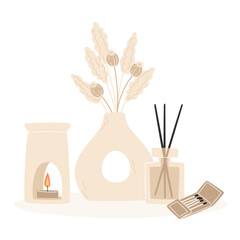Aromatherapy and relaxation as interior decor in flat style