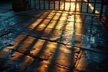 Shadow of bars cast on the floor of a cell by the setting sun, marking the passage of time