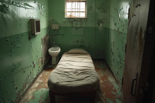 Sparse prison cell furnished only with a bed and a toilet, emphasizing minimal living conditions