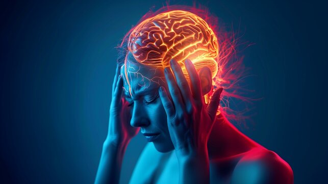 Tension headache pain, woman of holding head in pain, glowing orange brain indicating source of pain