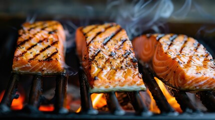 Char-Grilled Salmon Steak being cooked in a BBQ. 