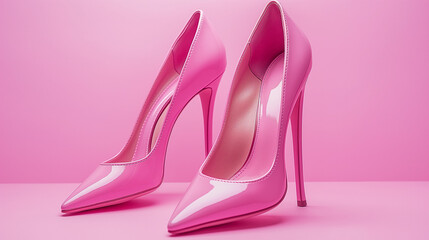 A pair of pink high heels on a pink background.

