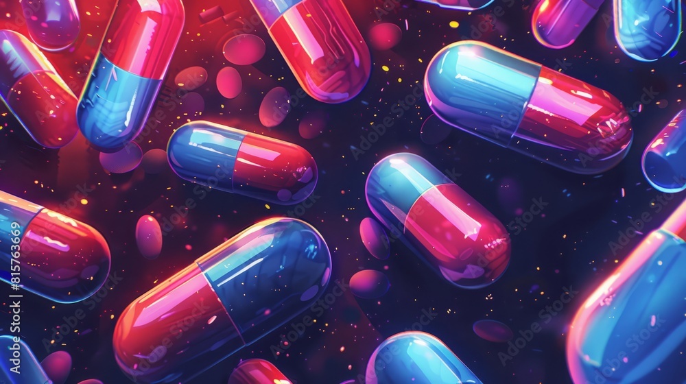 Poster bunch of blue and red pills scattered on a surface. The background is dark with a hint of light. The pills are arranged in a random pattern.