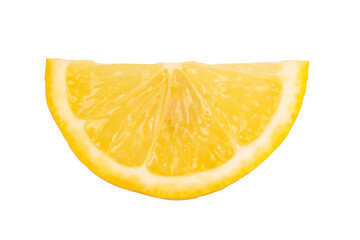 One slice of lemon citrus fruit isolated on white background. Lemon slice with shadow.