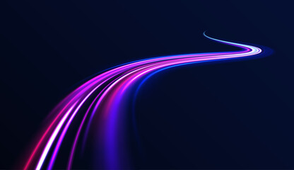 Panoramic high speed technology concept, light abstract background. Glowing spark swirl trail tracing on dark blue background.  Light line moving with speed.  © ANATOLII