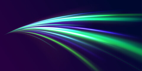 Panoramic high speed technology concept, light abstract background. Glowing spark swirl trail tracing on dark blue background.  Light line moving with speed.	