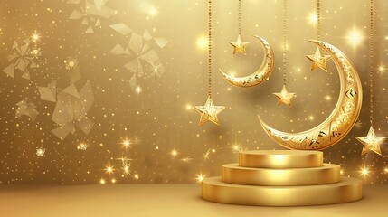 Eid al Adha Mubarak greeting design with crescent moon and star hanging on podium on golden background